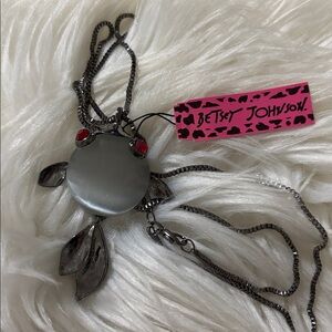 Betsey Johnson Dark Silver Fish Pendant Necklace with Red Accents